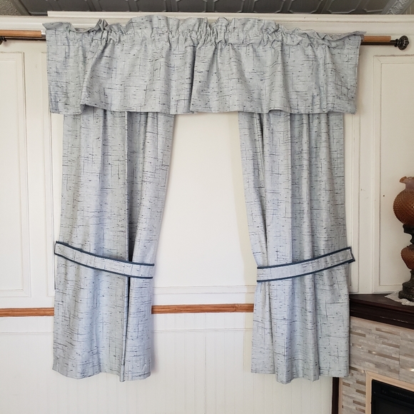 Sears Drapes 48W x 62L Tweed Print Pinch Pleat Curtains Blue VTG 50s 60s NEW - Picture 8 of 16